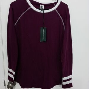 Liquid Energy Apparel retro style Long sleeve crew neck maroon whiteTunic Top L